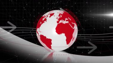 Başlangıçta, küresel ağı görselleştiren akış çizgileri ve oklarla platformda dönen 3D dünya. Dünya, bağlantı, teknoloji, küresel, ağ, dijital, yenilik