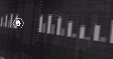 Karanlık ızgara gösterge paneli çubukları kaydırmaya, simgeleri taşımaya, veri izleme etiketlerini güncellemeye başlıyor. Analizler, sürdürülebilirlik, teknoloji, veri, görselleştirme, yenilik, dijital