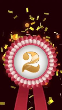 2 numara Rosette 'in animasyonu ve düşen konfeti ve siyah arka planda turuncu ışık lekeleri. İkincilik, rekabet, ödül, başarı, başarı ve kutlama, dijital olarak oluşturulmuş video.