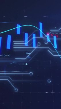 Mavi fütüristik arka plan üzerinde dijital grafik ve veri işleme animasyonu. Teknoloji, veri analizi, analitik, bilgi, siber, görselleştirme