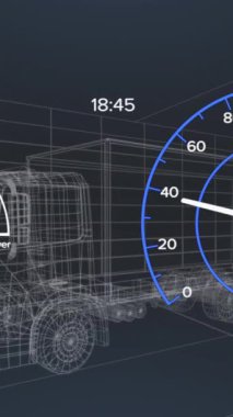 3D araba modelinin animasyonu ve koyu arkaplan üzerindeki hız göstergesi. Küresel bağlantılar ve veri işleme kavramı dijital video oluşturuldu.