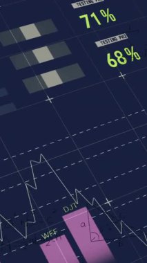 Animation of financial data processing over blue background. Global business, finances, computing and data processing concept digitally generated video.