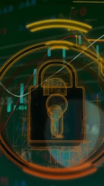 Güvenli veri görselleştirmesi için finansal tablolar ve grafikler üzerinde kilit sembolü canlandırılıyor. Güvenlik, finans, dijital, şifreleme, koruma, teknoloji