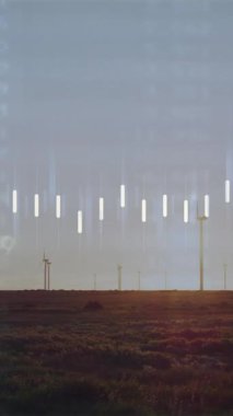 Olay yerini kaplayan veri işleme animasyonuyla birlikte rüzgar türbinleri arazide dönüyor. Yenilenebilir enerji, rüzgar gücü, sürdürülebilirlik, çevre, teknoloji