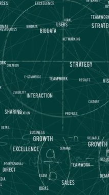 Matematiksel denklemlerin animasyonu ve yeşil arkaplanda iş konsepti simgeleri. Okul eğitimi ve iş teknolojisi kavramı