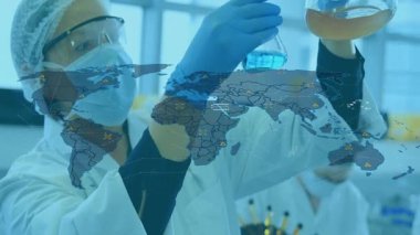 Teknisyen laboratuarda matara yetiştiriyor ve sıvıları dijital dünya haritası gibi karşılaştırıp veri ikonu kazanıyor. Bilim, yenilik, analitik, araştırma, teknoloji, işbirliği, deney