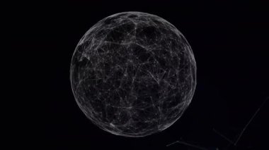 Küre titreşimi başlıyor, kablo küre yumurtlama düğümleri, çokgen kümeleri karanlık boşluğa doğru. Gelecek, teknoloji, dijital, soyut, siber, yenilik, ağ