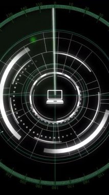 Siyah arkaplanda tarama kapsamı üzerinden simgeler ve veri işleme bağlantılarının canlandırılması. Dijital olarak oluşturulmuş küresel bağlantılar, hesaplama ve veri işleme kavramı.