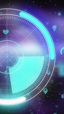 Siyah arkaplanda tarama kapsamı üzerinde simgelerle bağlantı ağının canlandırılması. Dijital olarak oluşturulmuş küresel bağlantılar, teknoloji ve dijital arayüz kavramı.