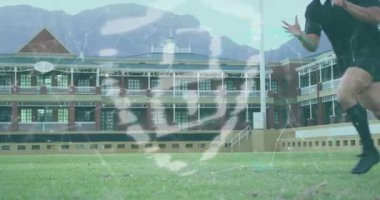 Kalkan ağı grafikleri, ragbi oyuncularının top oynaması, kırmızı formanın defans oyuncularını yakalaması. Sporcular, takım çalışması, spor, rekabet, açık hava, yoğunluk, dinamik