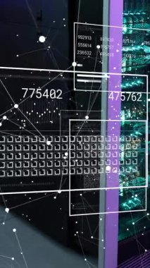 Veri işleme ve bilgisayar sunucu odası ile bağlantı ağının animasyonu. Bilgisayar arayüzü ve iş veri depolama teknolojisi kavramı