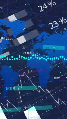Küresel bağlantıları gösteren finansal veriler ve grafiklerle dünya haritasının animasyonu. Maliye, ekonomi, ağ, analitik, yatırım, ticaret