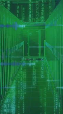 Dijital veri akışları ve gelecekteki yeşil koridorda ikili kod animasyonu. Teknoloji, yenilik, siber, sanal, matris, kodlama