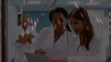 Laboratuar bilim adamları laptopa güç veriyor ve meslektaşları verileri not ederken ikili yayın akışına neden oluyor. Araştırma, yenilik, teknoloji, işbirliği, analitik, fütüristik, profesyonel