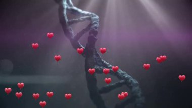 Aşağıda kırmızı kalpler beliriyor ve enerji akışını üç boyutlu görüntülemek için dönen sarmal etrafında yükseliyor. Soyut, fütüristik, dijital, romantik, enerjik, dinamik, minimalist