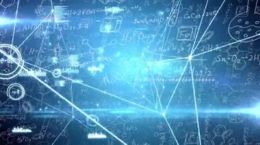 Merkezi parıltı başlatılıyor, düğümler genişliyor, veri gösterimi için kimyasal formülleri birleştiriyor. Bilimsel, yenilik, teknoloji, moleküler, dijital, geleceksel, analiz