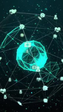 Siyah arkaplanda dünya üzerindeki simgelerle bağlantı ağının animasyonu. küresel bağlantılar, teknoloji ve dijital arayüz konsepti dijital olarak oluşturulmuş video.