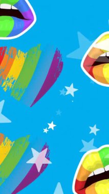 Mavi arka planda, çok renkli ağız ve kalp şekillerinin üzerinde yıldızların canlandırılması. Dijital olarak üretilen hologram, illüstrasyon, lgbtqia kültürü, gökkuşağı bayrağı ve eşcinsel gurur sembolü konsepti.