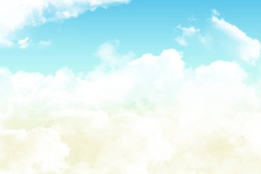 Beyaz kümülüs bulutu, parlak gök kubbe altında yumuşak katmanlı bir alan oluşturuyor. Düz çizim. Gökyüzü, hava, atmosfer, doğa, dinginlik, minimalizm, sükunet