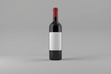Gri arka planda etiketli şarap şişesi