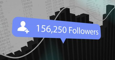 Kullanıcı artı simgesi ve trend çizgisi ile dijital bar tablosu üzerinde yüzen mavi uyarı balonu. Analizler, veri görselleştirme, dijital bilgi, istatistik, büyüme, teknoloji, şirket