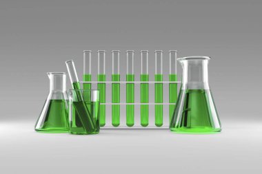Various laboratory flask with chemical solutions