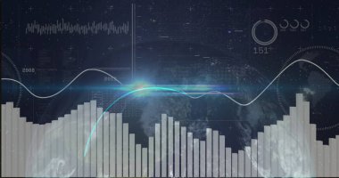 Uzayda ölçümleri gösteren fütüristik veri arayüzü, çubuk grafikleri ve çizelgeleri ile. Fütüristik, teknoloji, analitik, görselleştirme, dijital, yenilik, ağ