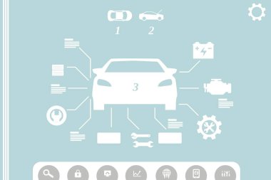 Beyaz araba silueti batarya motoru dişli ikonlarını bağlayan düz bir kontrol paneli gösteriyor. Teknoloji, otomobil, arayüz, analitik, otomotiv, dijital, yenilik