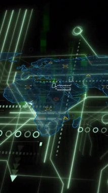 Dünya haritası üzerinde veri işleme ve diyagramların animasyonu. Küresel iş ve dijital arayüz kavramı dijital olarak oluşturulmuş video.