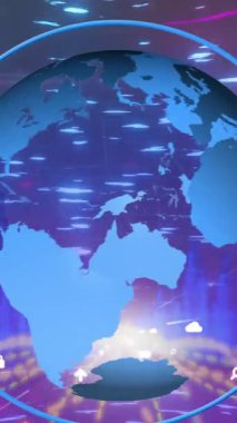 Dünyanın animasyonu, dijital ikonlar ve parlayan ışık yolları 3D şehir modeline karşı. Küresel ağ ve iş teknolojisi kavramı