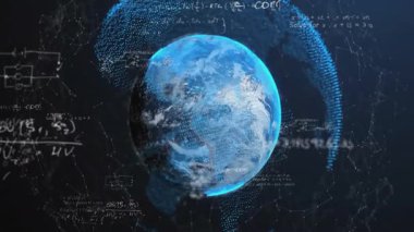 Fırlatılan dijital Dünya 'da formüller soluyor, veri çemberi titreşiyor, küresel ağı gösteriyor. Futuristik, teknoloji, bağlantı, ağ, yenilik, dijital, veri