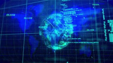 Küre görünmesi dünyayı döndürmeyi, yay çizmeyi ve kod kaydırmayı görselleştiren veri akışını tetikler. Gelecekçi, teknoloji, veri, ağ, yenilik, siber, görselleştirme