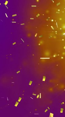 Altın konfeti, mor ve sarı arka plan üzerine düşen animasyon. Kutlama, şenlik, parti, ışıltı, parıltı, parıltı