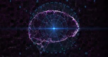 Mavi yıldız patlaması altıgen ızgarada beliriyor numaralandırılmış halkaları döndürüyor, mor dallar beyin oluşturuyor. Futuristik, dijital, neon, soyut, teknoloji, yenilik, görselleştirme