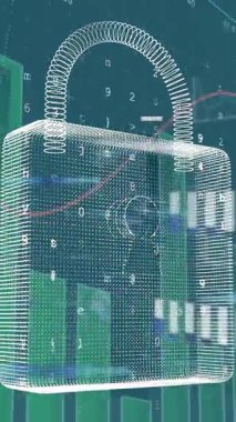 Mavi arka planda veri işleme ve asma kilit animasyonu. küresel iş, finans, bağlantılar ve dijital arayüz konsepti dijital olarak oluşturulmuş video.