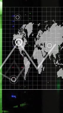 Sunucu odasında, veri noktaları ve ızgara kaplamalı dünya haritasının animasyonu. Teknoloji, ağ oluşturma, siber güvenlik, dijital, bağlantı, küresel
