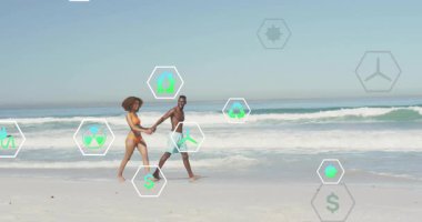 Yürüyen bir çift, etraflarında sürdürülebilirliği gösteren yenilenebilir enerji simgelerinin kaybolmasına neden oluyor. Romantik, uyum, rahatlık, çevre dostu, dinginlik, bağlantı, canlılık