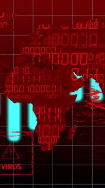 İkili kod arkaplanı üzerinde virüs uyarıları gösteren dijital dünya haritasının animasyonu. Genel, siber güvenlik, veri, tehdit, sanal, teknoloji