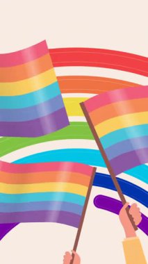Ellerin pembe arka planda gökkuşağı çemberinin üzerinde gay bayraklarını tutmasının dijital animasyonu. gay gururu ve lgbt konsepti