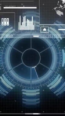 Okul ortamında küresel verilerle birlikte animasyon, fütüristik dijital arayüz gösteriliyor. Teknoloji, yenilik, eğitim, analitik, etkileşimli, sınıf