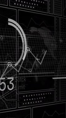 Finansal veri işleme animasyonu ve siyah arkaplan istatistikleri. Küresel gönderim, finans, iş, bağlantılar, hesaplama ve veri işleme kavramı dijital olarak oluşturulmuş video.