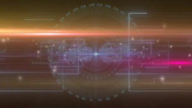 Parlayan ışın süpürmesi, görüntü oluşturan devreleri ve dönen ölçekli görselleştirmeyi tetikler. Gelecek, teknoloji, arayüz, dijital, parlayan, yenilik, siber