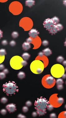 İkonlardaki dijital ikonlara karşı yüzen çoklu hücrelerin dijital animasyonu. Dijital olarak üretilen küresel covid pandemik konsept.