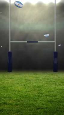 Stadyumdaki Arjantin bayrağıyla boyanmış ragbi toplarının animasyonu. spor ve yarışma konsepti dijital olarak oluşturulmuş video.