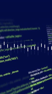 Soyut arkaplana karşı bilgisayar dilinin üzerinde çizgi oluşturan hareketlerin animasyonu. Dijital olarak üretilmiş, hologram, illüstrasyon, rapor, iş dünyası, kodlama ve teknoloji kavramı.