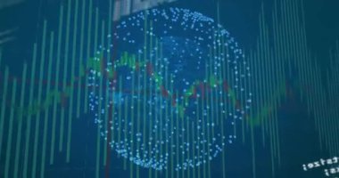 Çubuklar kayarken ve kodlar canlı analitikleri gösterirken küreyi güncellemede ve döndürmede. Teknoloji, veri görselleştirme, analitik, dijital arayüz, gelecek, bilgi, gerçek zamanlı