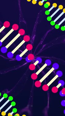 Hareket eden şekillerin ve siyah arkaplandaki DNA iplikçiklerinin animasyonu. retro gelecek ve soyut arkaplan konsepti dijital olarak oluşturulmuş video.