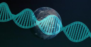 Bir saniye sonra, animasyon deniz mavisi DNA sarmalı genomik bağlantıyı temsil ederek Dünya 'nın etrafında dönüyor. Astronomi, biyoteknoloji, yenilik, bilim, moleküler, fütüristik, dijital