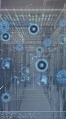 Sunucu odasında veri işleme animasyonu. küresel iş ve dijital arayüz kavramı dijital olarak oluşturulmuş video.