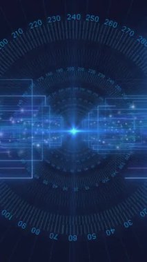 Dairesel tünel ve dikdörtgenler etrafında rakamların animasyonu siyah arkaplan üzerinde. Dijital olarak üretilmiş, hologram, illüstrasyon, aydınlanma, büyüme, ilerleme ve iş konsepti.